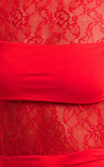 Contrast Lace Long Sleeve Ruched Bodycon Dress in Red