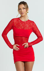 Contrast Lace Long Sleeve Ruched Bodycon Dress in Red