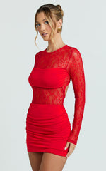 Contrast Lace Long Sleeve Ruched Bodycon Dress in Red