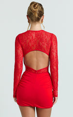 Contrast Lace Long Sleeve Ruched Bodycon Dress in Red