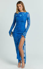 Boat Neck Long Sleeve Ruched Dress in Blue
