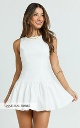Boat Neck Drop Waist Shift Dress in White