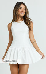 Boat Neck Drop Waist Shift Dress in White