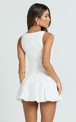 Boat Neck Drop Waist Shift Dress in White