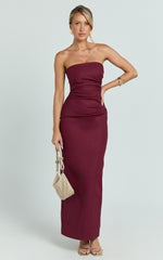Strapless Ruched Fitted Column Dress in Wine