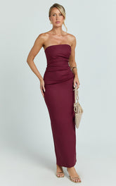 Strapless Ruched Fitted Column Dress in Wine