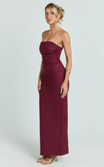 Strapless Ruched Fitted Column Dress in Wine