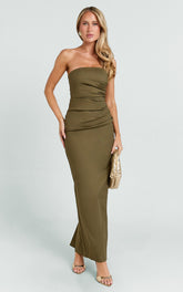 Strapless Ruched Fitted Column Dress in Olive