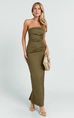 Strapless Ruched Fitted Column Dress in Olive