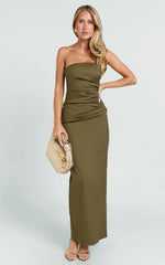 Strapless Ruched Fitted Column Dress in Olive