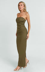 Strapless Ruched Fitted Column Dress in Olive