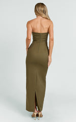 Strapless Ruched Fitted Column Dress in Olive