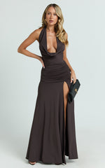 Plunge Cowl Halter High Leg Split Dress in Chocolate