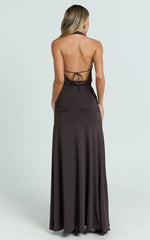Plunge Cowl Halter High Leg Split Dress in Chocolate