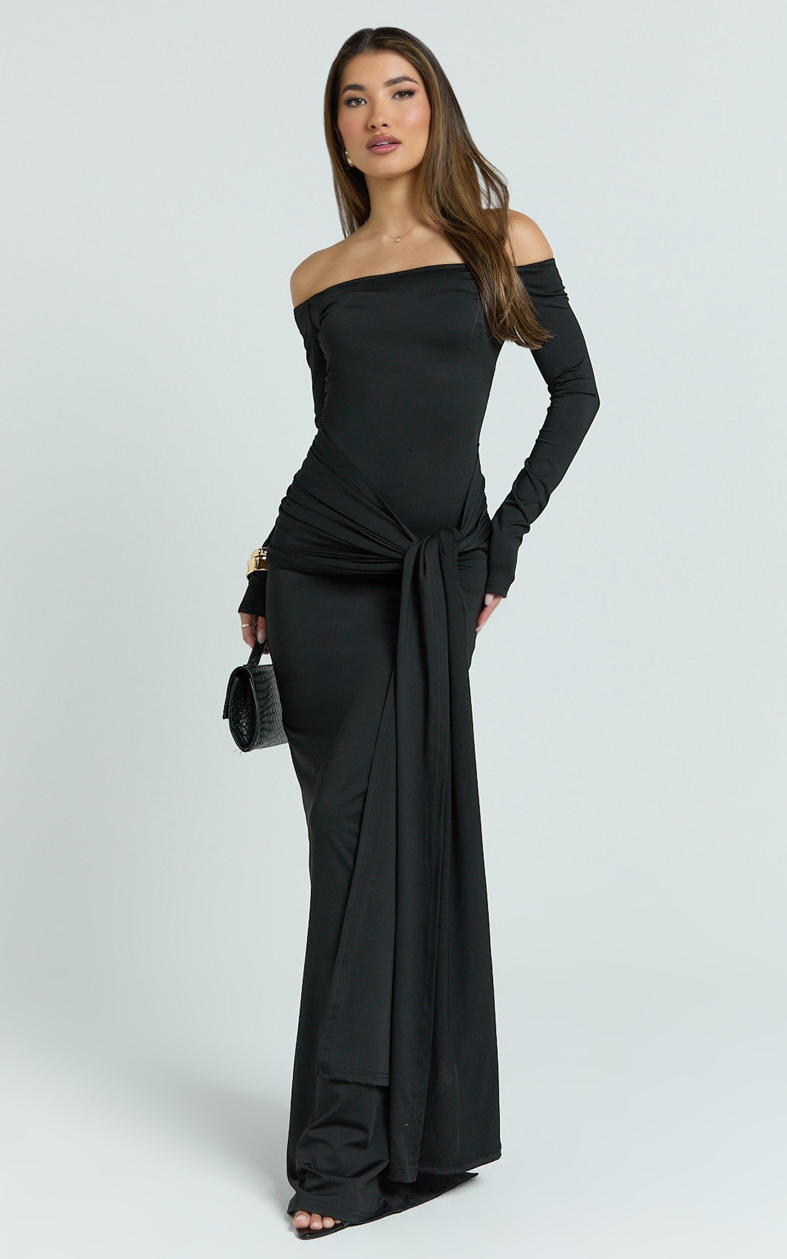 Boat Neck Backless Tie Front Long Sleeve Jersey Dress in Black - Urban Luxe Apparel