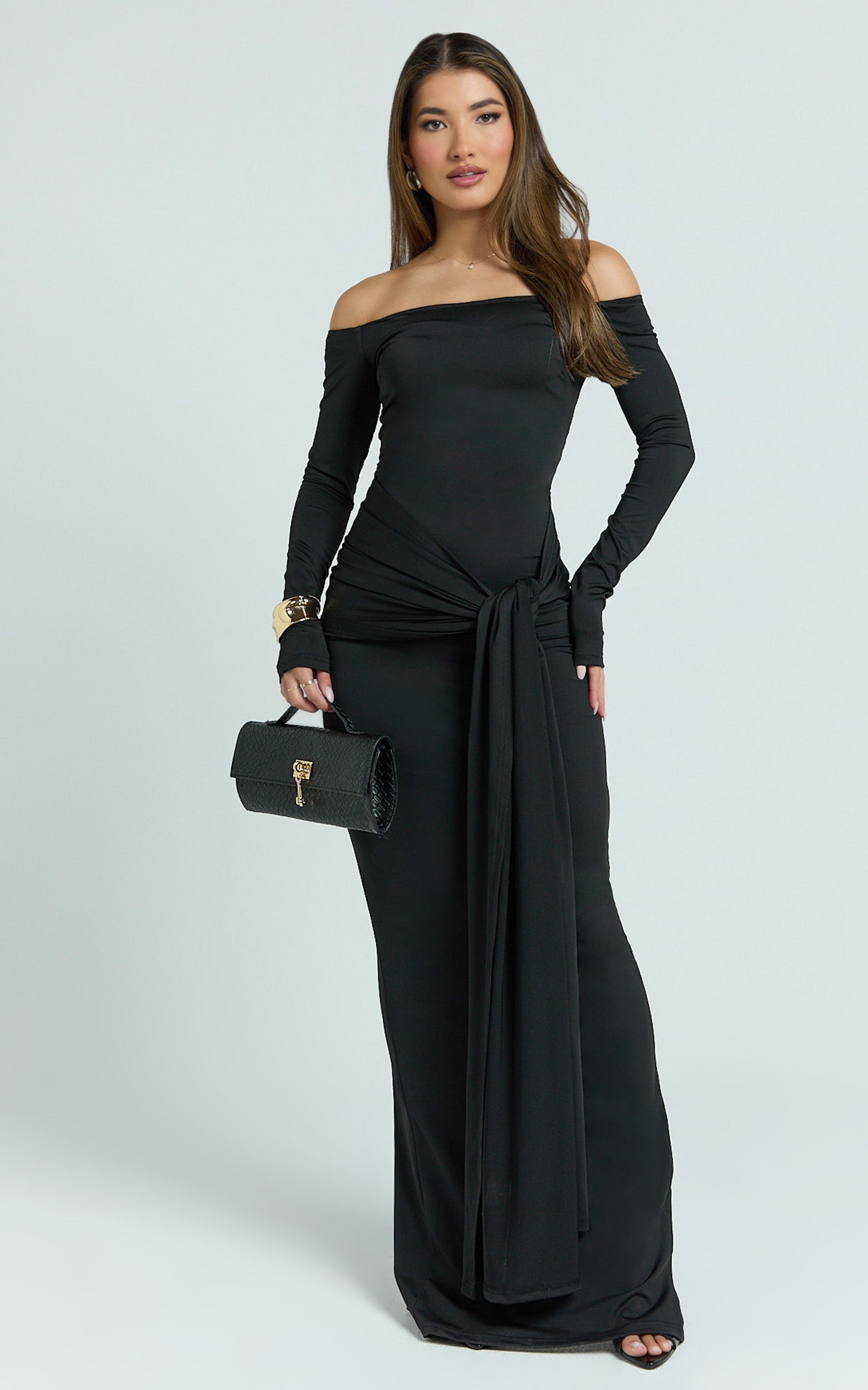 Boat Neck Backless Tie Front Long Sleeve Jersey Dress in Black - Urban Luxe Apparel