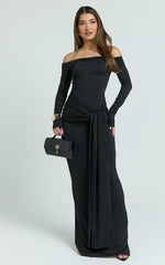 Boat Neck Backless Tie Front Long Sleeve Jersey Dress in Black - Urban Luxe Apparel