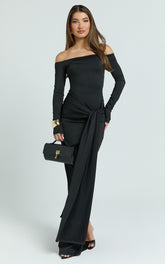 Boat Neck Backless Tie Front Long Sleeve Jersey Dress in Black - Urban Luxe Apparel