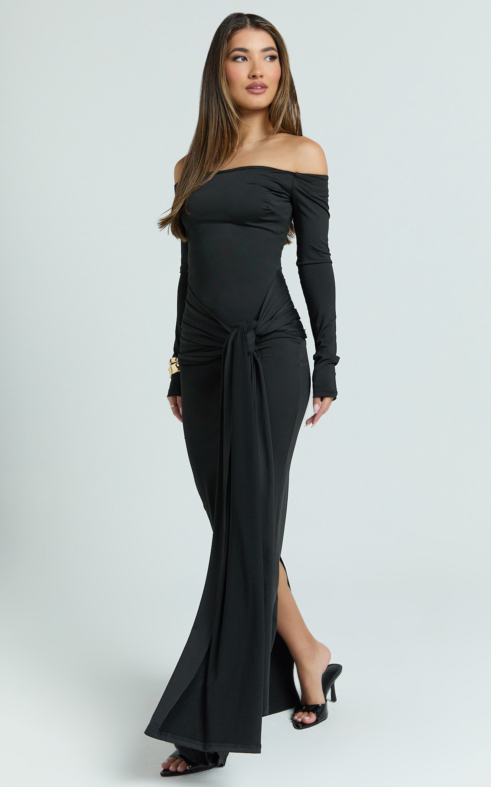 Boat Neck Backless Tie Front Long Sleeve Jersey Dress in Black - Urban Luxe Apparel