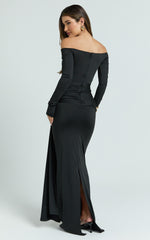 Boat Neck Backless Tie Front Long Sleeve Jersey Dress in Black - Urban Luxe Apparel
