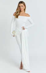 Boat Neck Backless Tie Front Long Sleeve Jersey Dress in Cream