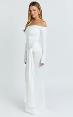 Boat Neck Backless Tie Front Long Sleeve Jersey Dress in Cream