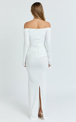 Boat Neck Backless Tie Front Long Sleeve Jersey Dress in Cream