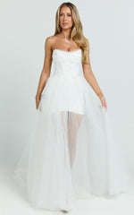 Beaded Strapless Corset Panel Dress with Detachable Tulle Skirt in White