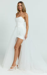 Beaded Strapless Corset Panel Dress with Detachable Tulle Skirt in White