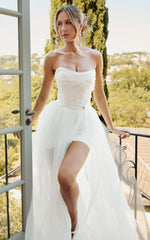 Beaded Strapless Corset Panel Dress with Detachable Tulle Skirt in White