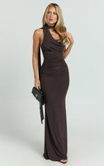 Asymmetric Tie Neck Column Dress in Chocolate - Urban Luxe Apparel
