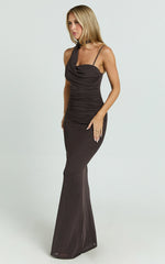Asymmetric Tie Neck Column Dress in Chocolate - Urban Luxe Apparel