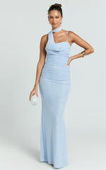 Asymmetric Tie Neck Column Dress in Pale Blue
