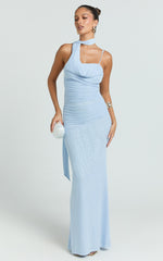 Asymmetric Tie Neck Column Dress in Pale Blue