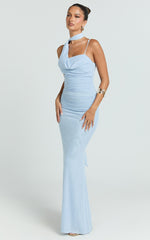 Asymmetric Tie Neck Column Dress in Pale Blue