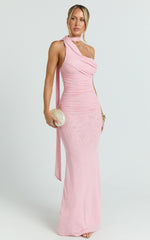 Asymmetric Tie Neck Column Dress in Pink