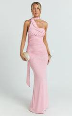 Asymmetric Tie Neck Column Dress in Pink