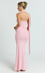 Asymmetric Tie Neck Column Dress in Pink