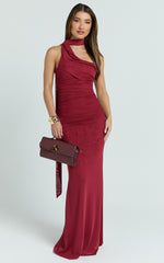 Asymmetric Tie Neck Column Dress in Wine - Urban Luxe Apparel
