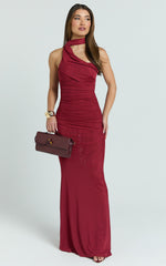 Asymmetric Tie Neck Column Dress in Wine - Urban Luxe Apparel