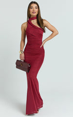 Asymmetric Tie Neck Column Dress in Wine - Urban Luxe Apparel