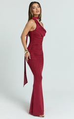 Asymmetric Tie Neck Column Dress in Wine - Urban Luxe Apparel