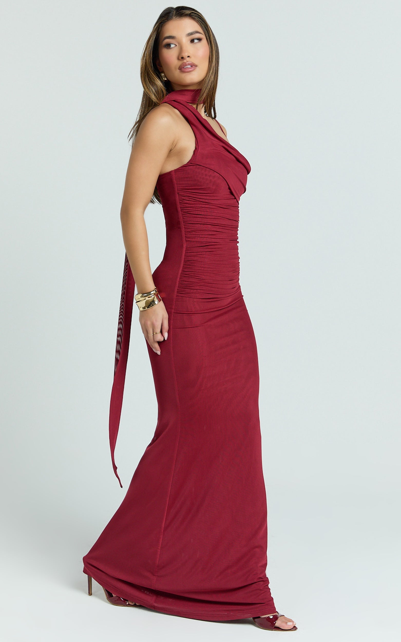 Asymmetric Tie Neck Column Dress in Wine - Urban Luxe Apparel