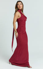 Asymmetric Tie Neck Column Dress in Wine - Urban Luxe Apparel