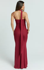 Asymmetric Tie Neck Column Dress in Wine - Urban Luxe Apparel