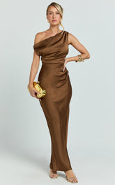 One Shoulder Tie Detail Dress in Chocolate
