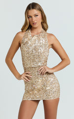 Halter Cowl Neck Low Back Sequin Fitted Dress in Gold