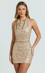 Halter Cowl Neck Low Back Sequin Fitted Dress in Gold