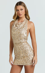 Halter Cowl Neck Low Back Sequin Fitted Dress in Gold