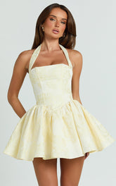 Square Neck Halter Fit And Flare Dress in Lemon